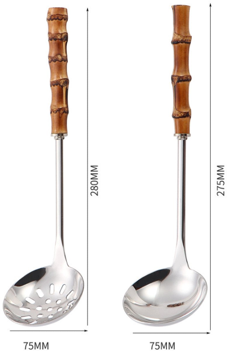 Spoons - 2-Piece Set - Stainless Steel Soup Spoon with Bamboo Handle - Long Handle Soup Spoon - Soup Spoon - V1188-ZXY-11181