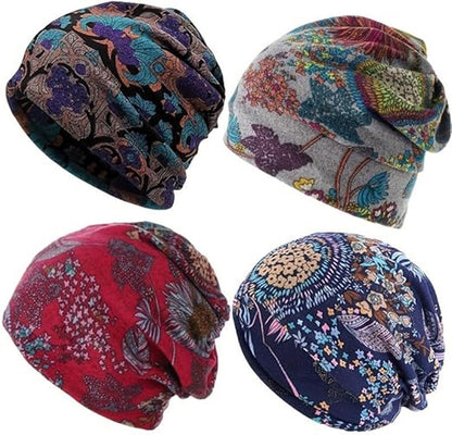 Beanie - Knitted Hat - 4-Piece Set - Bohemian Print - Soft Polyester - Suitable for Autumn and Winter V1188-ZXY-11190