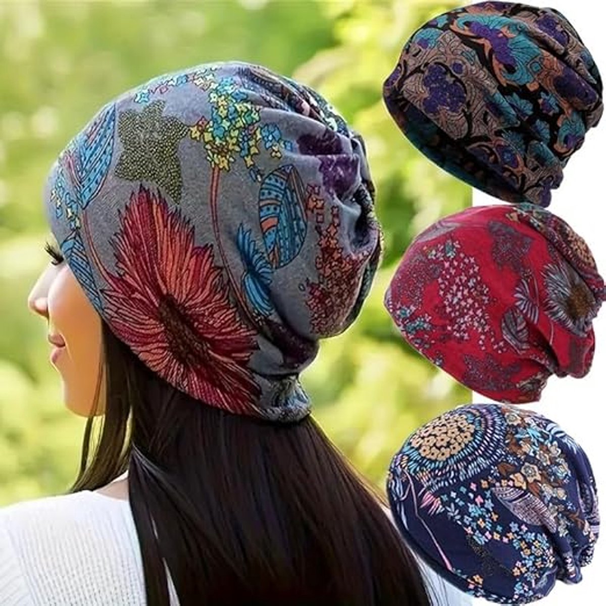 Beanie - Knitted Hat - 4-Piece Set - Bohemian Print - Soft Polyester - Suitable for Autumn and Winter V1188-ZXY-11190