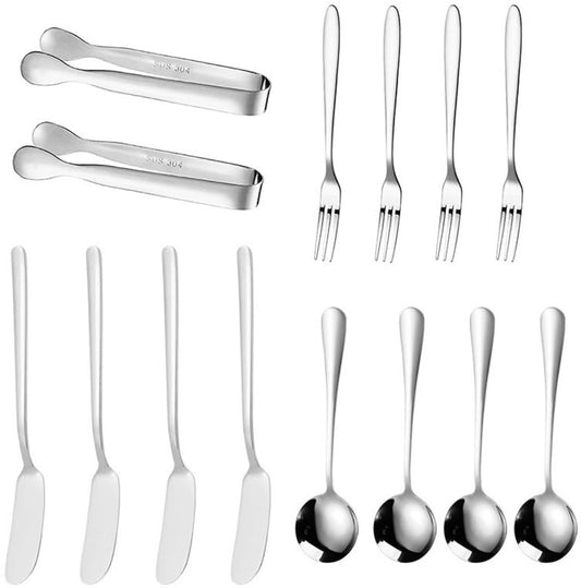 cutlery set - 14-piece set - cheese knife | pastry forks| oval coffee spoons | kitchen tongs & serving tongs V1188-ZXY-11195