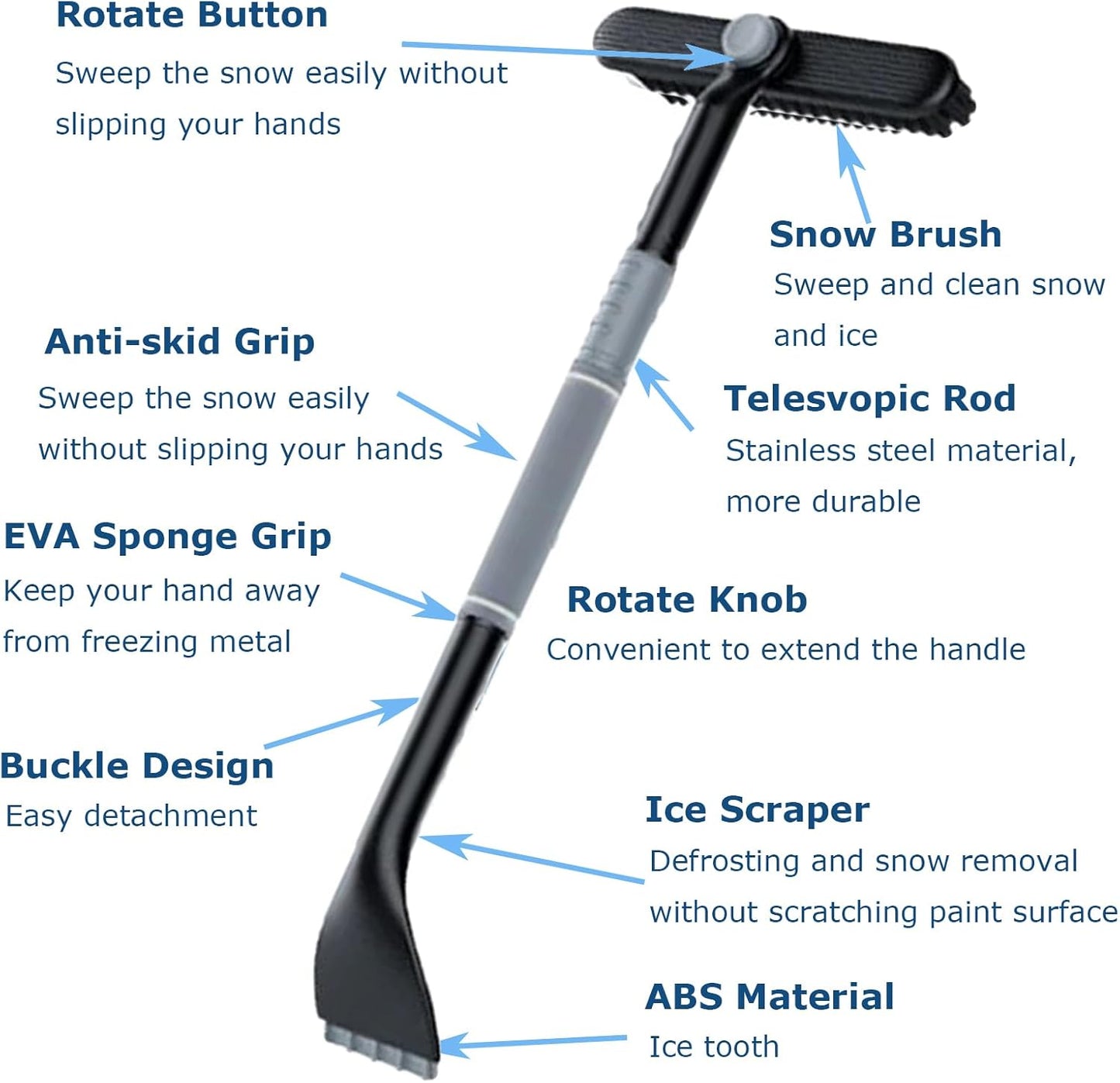 3-in-1 Snow Brush and Ice Scraper for Car Windows - Extendable Snow Remover - 360 degrees Rotating Snow Brush V1188-ZXY-117-0041