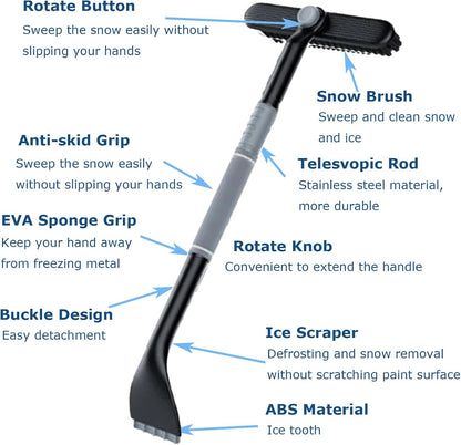 3-in-1 Snow Brush and Ice Scraper for Car Windows - Extendable Snow Remover - 360 degrees Rotating Snow Brush V1188-ZXY-117-0041