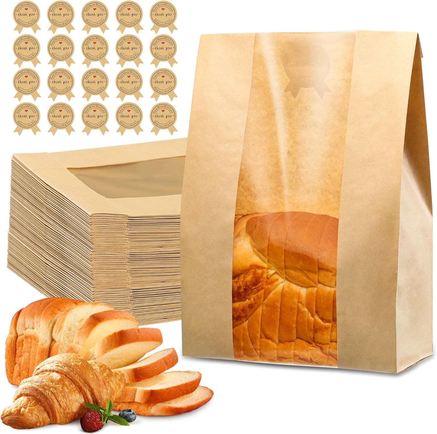 50 Pcs Bread Bag - Kraft paper with transparent window - 35*21*9 cm | Large baking bag - Suitable for storing V1188-ZXY-117-0056