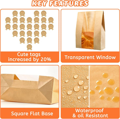 50 Pcs Bread Bag - Kraft paper with transparent window - 35*21*9 cm | Large baking bag - Suitable for storing V1188-ZXY-117-0056
