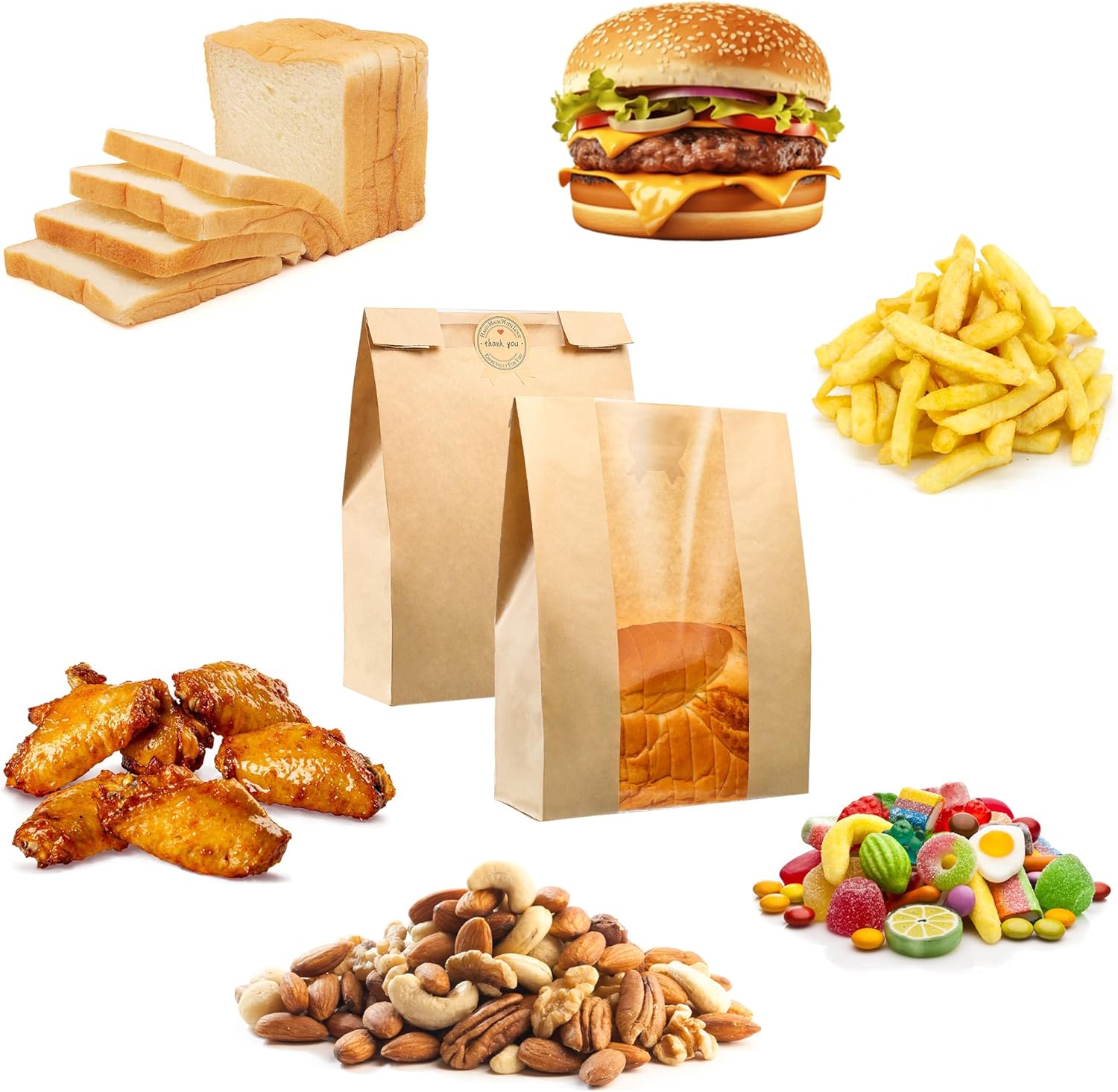 50 Pcs Bread Bag - Kraft paper with transparent window - 35*21*9 cm | Large baking bag - Suitable for storing V1188-ZXY-117-0056