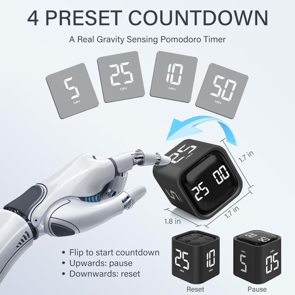 Pomodoro Timer 25/5/10 Min Desk Timer Vibration Volume Adjustable Productivity Clock V1188-ZXY-117-0080