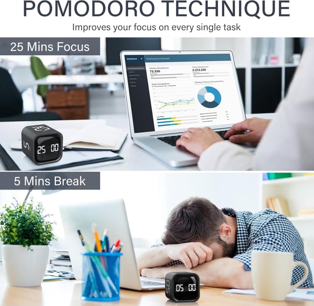 Pomodoro Timer 25/5/10 Min Desk Timer Vibration Volume Adjustable Productivity Clock V1188-ZXY-117-0080