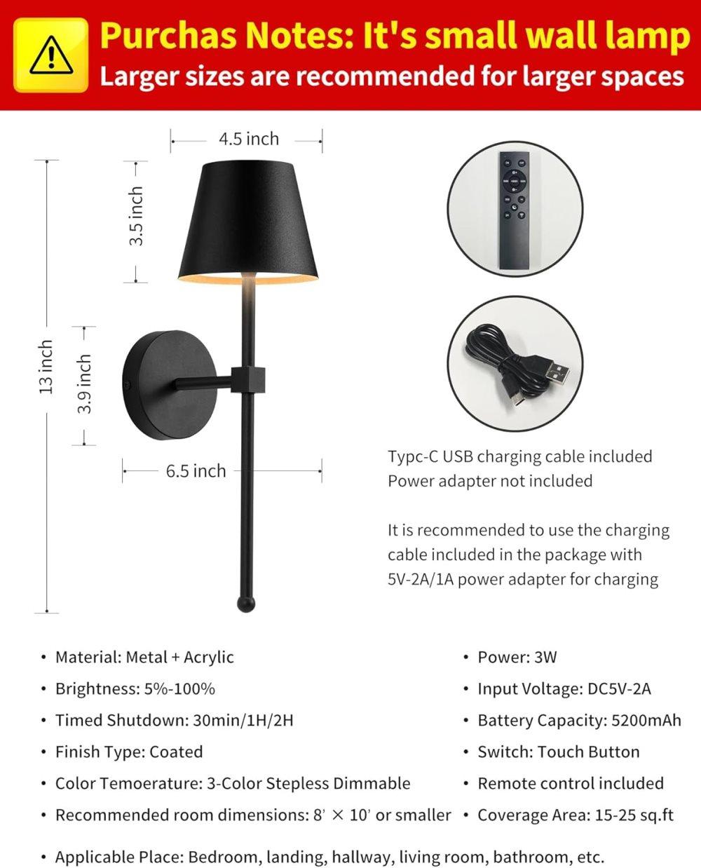 Wireless Wall Lamps 2-pack, LED Lamps with Rechargeable Battery, Stepless Dimmable with Remote Control V1188-ZXY-117-0082