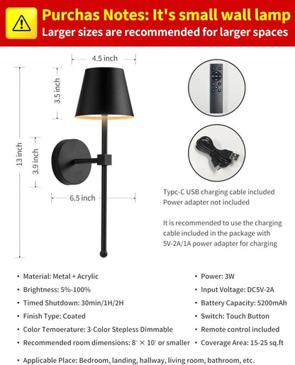 Wireless Wall Lamps 2-pack, LED Lamps with Rechargeable Battery, Stepless Dimmable with Remote Control V1188-ZXY-117-0082