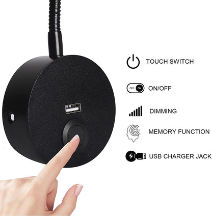 Dimmable Bedside Lamp, Minimalist LED Bedside Reading Lamp, Headboard Wall Mounted with USB Charger (Matte V1188-ZXY-117-0085