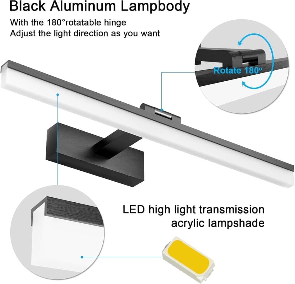 Wall light LED for mirror, wall light 40 cm for bathroom, wardrobe and toilet(Black) V1188-ZXY-117-0088
