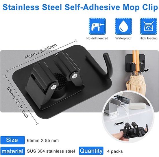 Mop hook - Wall broom hook - Wall broom holder without drilling - 4-pack V1188-ZXY-131-076