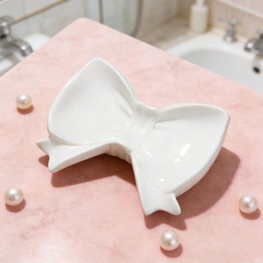 Bow Soap Dish - Ceramic Soap Organizer with Pink Bow - Bathroom Decor, Sponge Holder for Sink, Jewelry V1188-ZXY-131-162