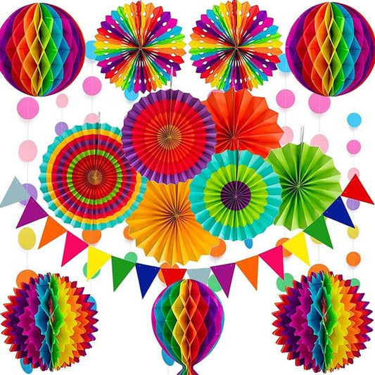 Rainbow Party Decoration Set - Complete with Paper Fans, Honeycomb Balls & Streamers - For Birthdays & V1188-ZXY-131-175