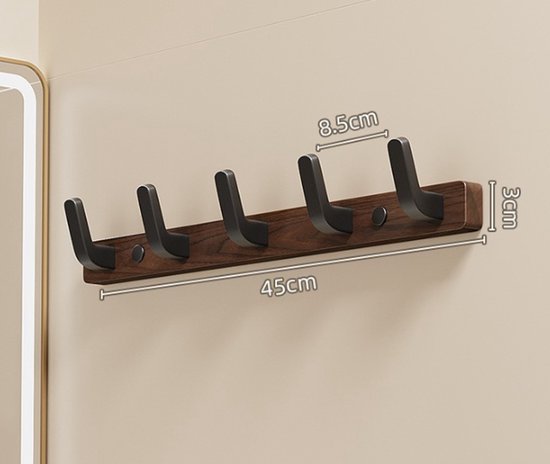 Coat rack - Wall coat rack - Coat rack with hooks - Storage rack - 45 x 3 cm - Wooden coat rack - Walnut - 5 V1188-ZXY-131-240