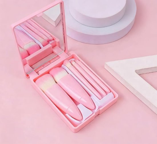 5-Piece Mini Makeup Brush Set with Mirror - Compact Travel Makeup Brushes for Foundation, Powder, Blush & V1188-ZXY-131-263