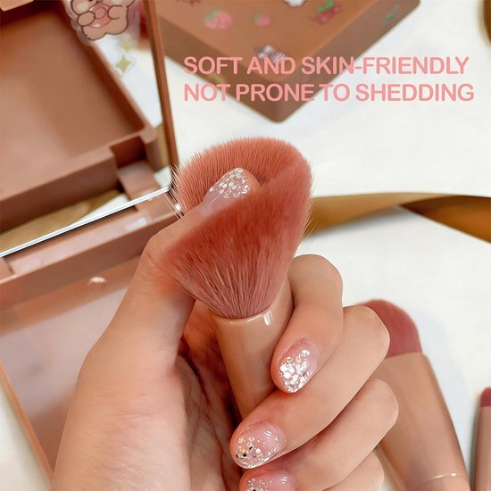 5-Piece Mini Makeup Brush Set with Mirror - Compact Travel Makeup Brushes for Foundation, Powder, Blush & V1188-ZXY-131-263