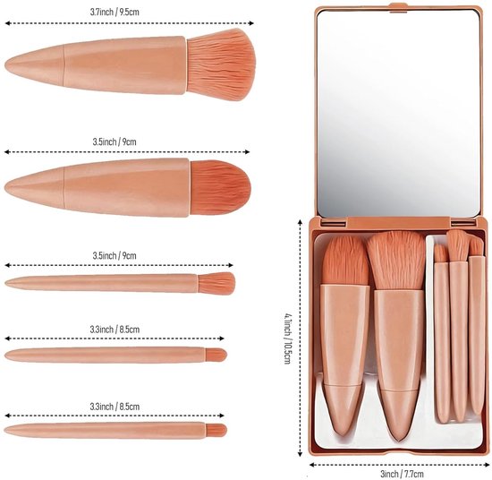 5-Piece Mini Makeup Brush Set with Mirror - Compact Travel Makeup Brushes for Foundation, Powder, Blush & V1188-ZXY-131-263