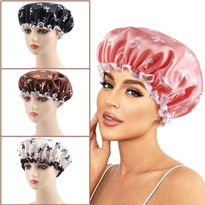 Double Layer Waterproof Shower Cap for Women & Girls - Reusable, Elastic & Comfortable with Print (White) V1188-ZXY-131-265