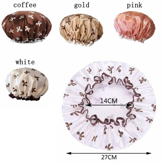 Double Layer Waterproof Shower Cap for Women & Girls - Reusable, Elastic & Comfortable with Print (White) V1188-ZXY-131-265
