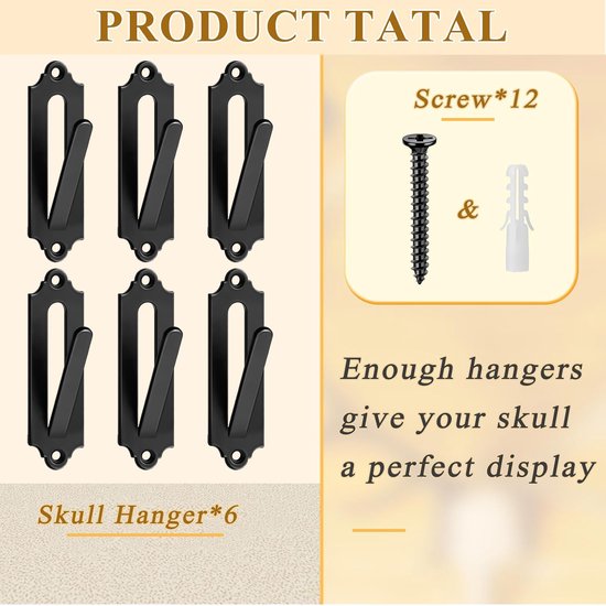 6-Piece Skull Wall Hook Set - Black Steel Hook for Decoration - Includes Mounting Kit V1188-ZXY-131-270