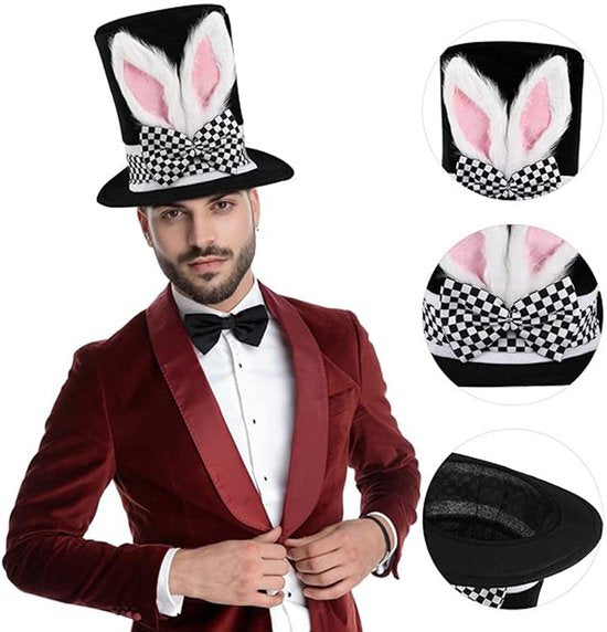 Easter Bunny Top Hat - White Rabbit & Black Plush Hat - Costume accessory for Easter, Halloween and theme V1188-ZXY-131-271
