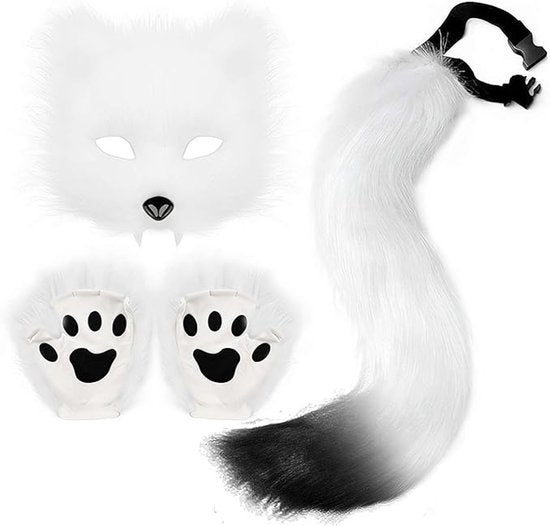 3-Piece Fox Costume Accessory Set - Fluffy Mask, Tail, and Gloves - Suitable for Parties & Carnival (White) V1188-ZXY-131-272