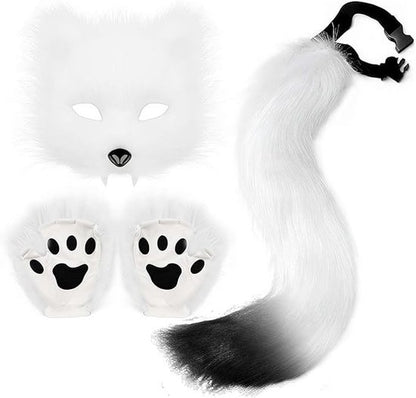 3-Piece Fox Costume Accessory Set - Fluffy Mask, Tail, and Gloves - Suitable for Parties & Carnival (White) V1188-ZXY-131-272