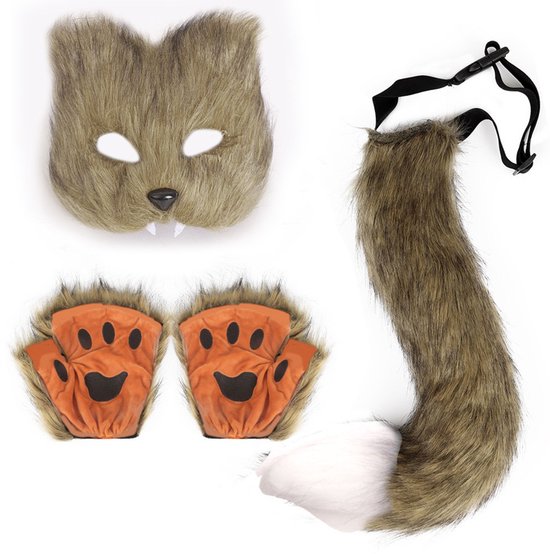 3-Piece Fox Costume Accessory Set - Fluffy Mask, Tail and Gloves - Suitable for Parties & Carnival (Brown) V1188-ZXY-131-274