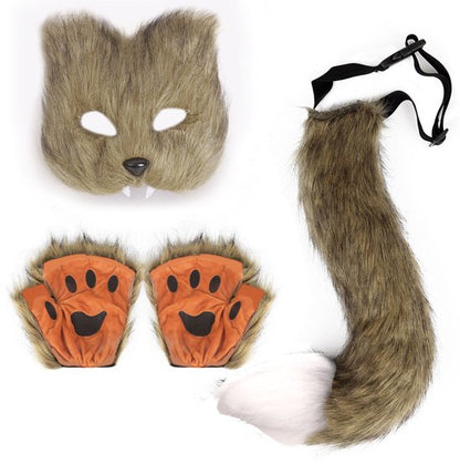 3-Piece Fox Costume Accessory Set - Fluffy Mask, Tail and Gloves - Suitable for Parties & Carnival (Brown) V1188-ZXY-131-274