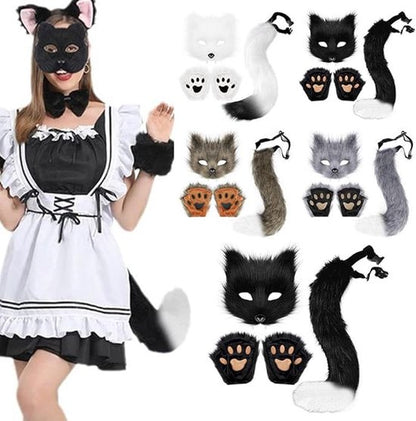 3-Piece Fox Costume Accessory Set - Fluffy Mask, Tail and Gloves - Suitable for Parties & Carnival (Brown) V1188-ZXY-131-274