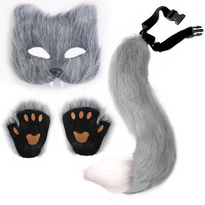 3-Piece Fox Costume Accessory Set - Fluffy Mask, Tail and Gloves - Suitable for Parties & Carnival (Grey) V1188-ZXY-131-275