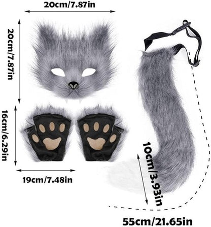 3-Piece Fox Costume Accessory Set - Fluffy Mask, Tail and Gloves - Suitable for Parties & Carnival (Grey) V1188-ZXY-131-275