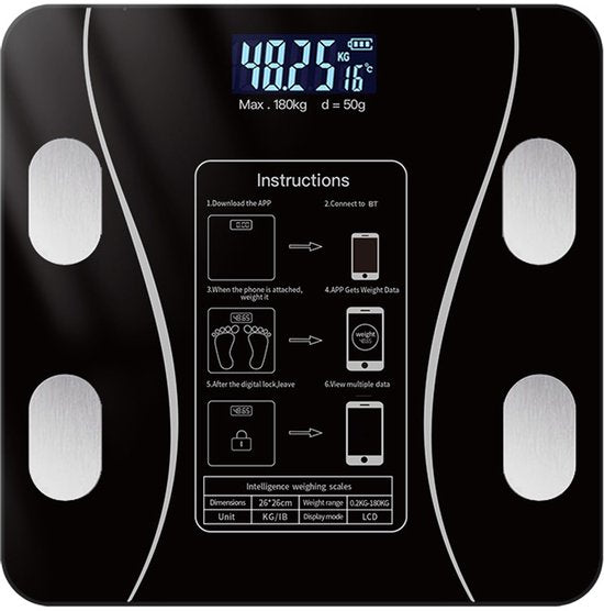 Smart Scale with Body Analysis - Measures BMI, Fat & Muscle Mass - USB Rechargeable - Up to 180 kg - Black V1188-ZXY-131-286