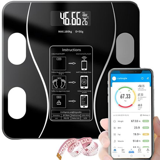 Smart Scale with Body Analysis - Measures BMI, Fat & Muscle Mass - USB Rechargeable - Up to 180 kg - Black V1188-ZXY-131-286