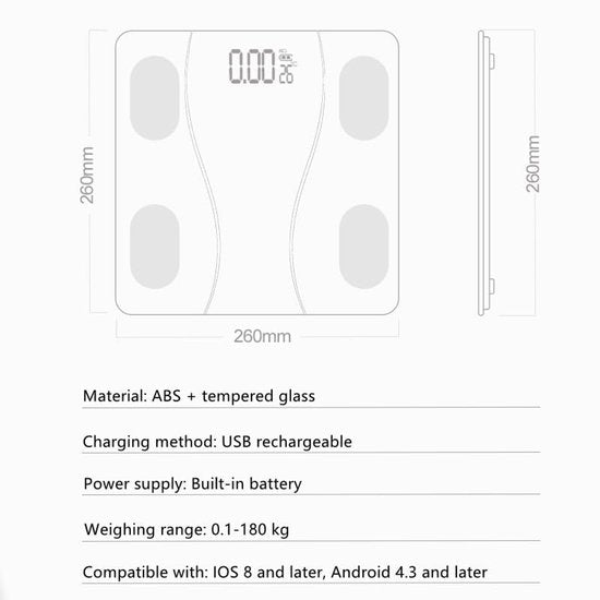 Smart Scale with Body Analysis - Measures BMI, Fat & Muscle Mass - USB Rechargeable - Up to 180 kg - Black V1188-ZXY-131-286