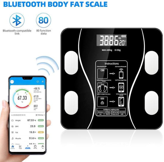 Smart Scale with Body Analysis - Measures BMI, Fat & Muscle Mass - USB Rechargeable - Up to 180 kg - Black V1188-ZXY-131-286