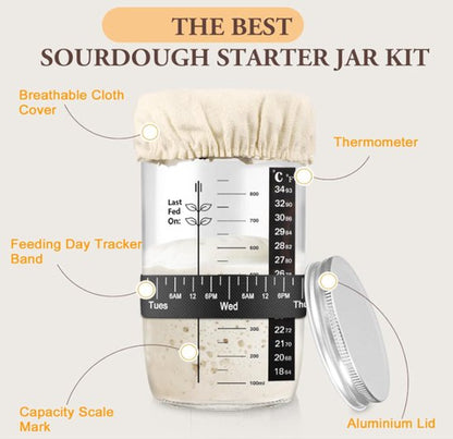 1000ml Sourdough Fermentation Jar in a Glass Jar | Includes stirring spoon, measuring cup, and fabric cover - V1188-ZXY-131-345