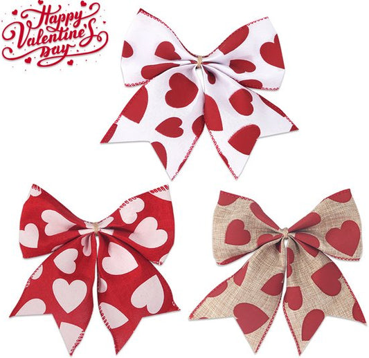 Valentine's Day Decorations - Heart Print Bows - Set of 3 - Wedding Gift Accessories - Handmade Linen Heart V1188-ZXY-131-354