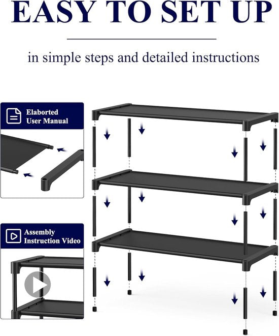 Shoe Rack - 3-Tier Storage Rack - Stackable - 27.5 Inch Wide - Black V1188-ZXY-131-364