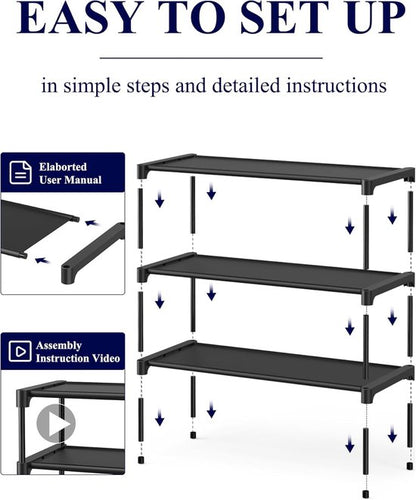 Shoe Rack - 3-Tier Storage Rack - Stackable - 27.5 Inch Wide - Black V1188-ZXY-131-364
