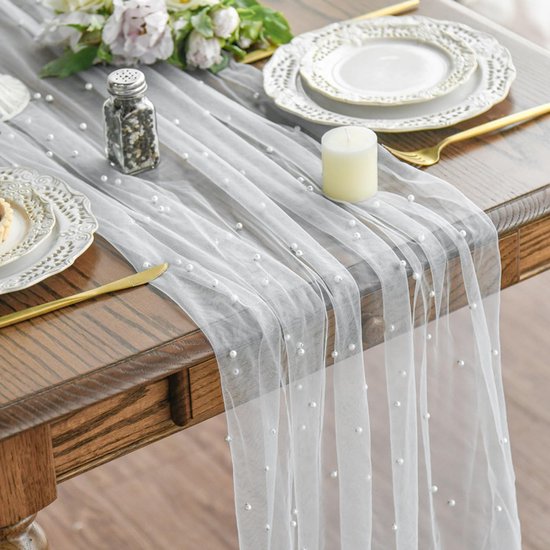 White Table Veil with White Pearls - Silky Gauze 30x120 Inches - For Weddings, Parties & Table Decorations V1188-ZXY-131-367