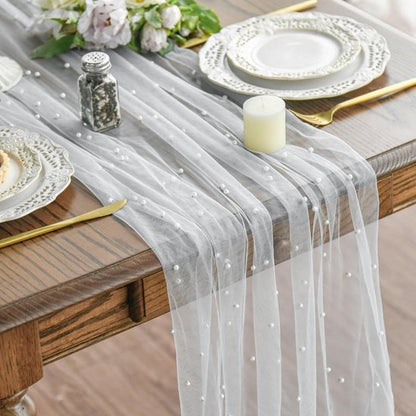 White Table Veil with White Pearls - Silky Gauze 30x120 Inches - For Weddings, Parties & Table Decorations V1188-ZXY-131-367