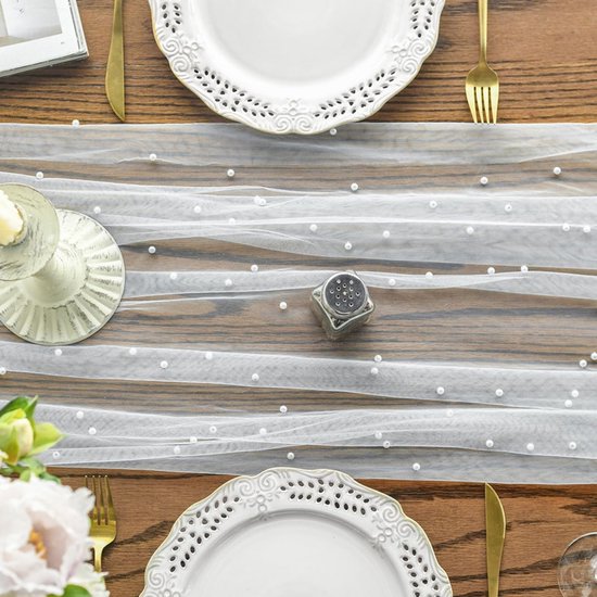 White Table Veil with White Pearls - Silky Gauze 30x120 Inches - For Weddings, Parties & Table Decorations V1188-ZXY-131-367