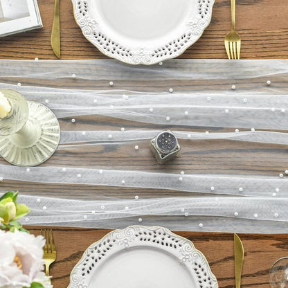 White Table Veil with White Pearls - Silky Gauze 30x120 Inches - For Weddings, Parties & Table Decorations V1188-ZXY-131-367