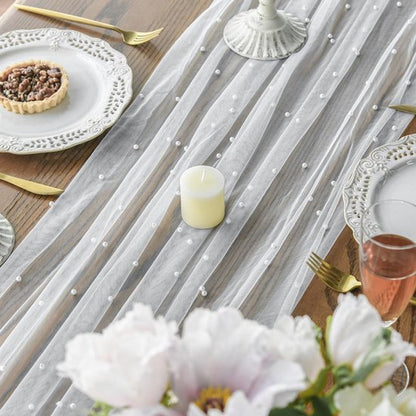 White Table Veil with White Pearls - Silky Gauze 30x120 Inches - For Weddings, Parties & Table Decorations V1188-ZXY-131-367