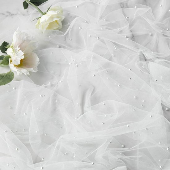 White Table Veil with White Pearls - Silky Gauze 30x120 Inches - For Weddings, Parties & Table Decorations V1188-ZXY-131-367