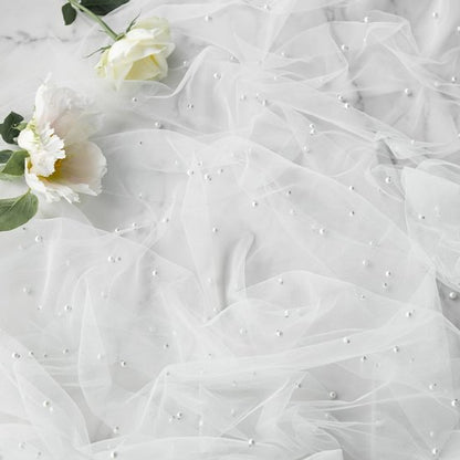 White Table Veil with White Pearls - Silky Gauze 30x120 Inches - For Weddings, Parties & Table Decorations V1188-ZXY-131-367