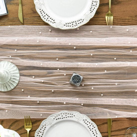 Pink Table Veil with White Pearls - Silky Gauze 30x120 Inches - For Weddings, Parties & Table Decorations V1188-ZXY-131-368