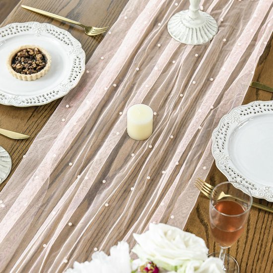 Pink Table Veil with White Pearls - Silky Gauze 30x120 Inches - For Weddings, Parties & Table Decorations V1188-ZXY-131-368